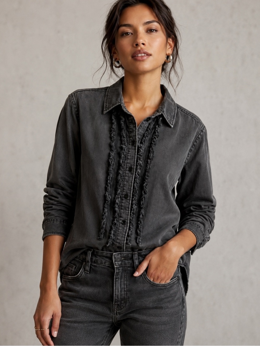 Pilcro Black Shirt with Gold Accent Stitching